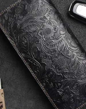 Handmade Long Leather Wallet Bifold Floral Leather Clutch Magnetic Button Wallet For Men Women