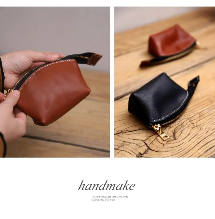 Handmade Women Leather Coin Wallet Brown Minimalist Change Pouch Coin Zip Wallet For Women