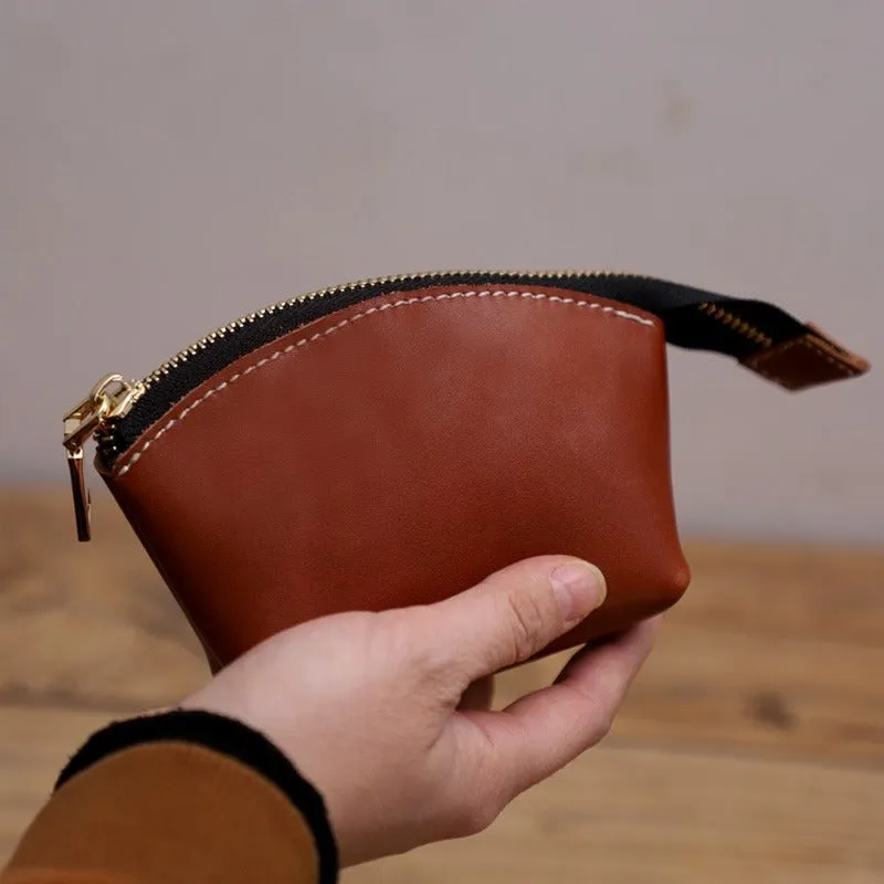 Handmade Women Leather Coin Wallet Brown Minimalist Change Pouch Coin Zip Wallet For Women