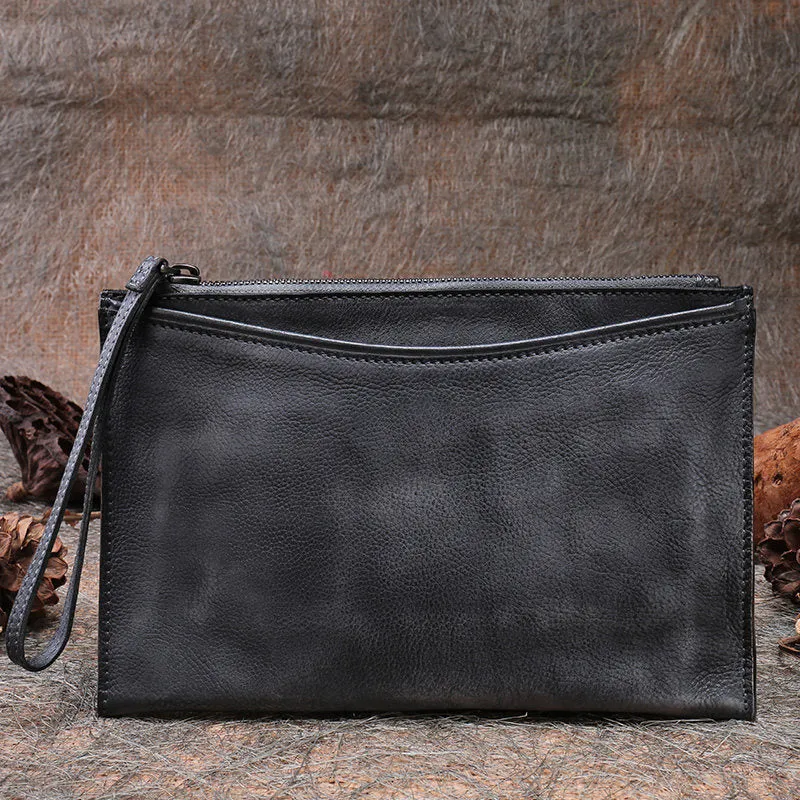 Handmade Womens Gray Leather Large Wristlet Wallet Slim Zip Clutch Purse Ladies Zipper Clutch Wallets for Women