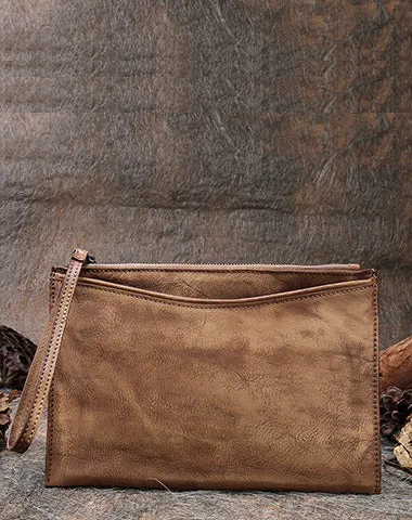 Handmade Womens Gray Leather Large Wristlet Wallet Slim Zip Clutch Purse Ladies Zipper Clutch Wallets for Women