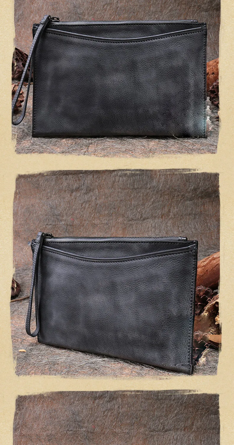 Handmade Womens Gray Leather Large Wristlet Wallet Slim Zip Clutch Purse Ladies Zipper Clutch Wallets for Women