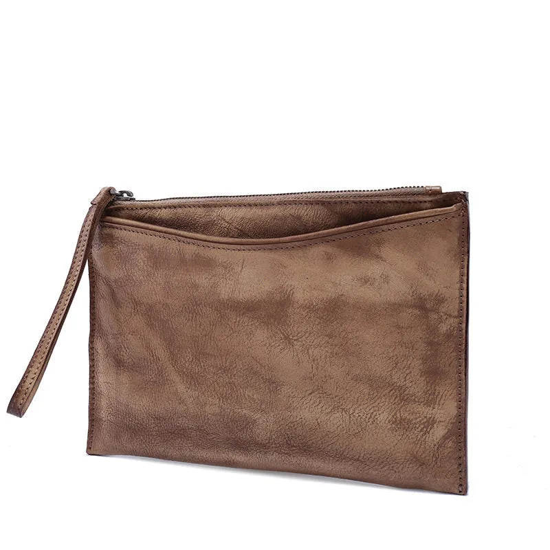 Handmade Womens Gray Leather Large Wristlet Wallet Slim Zip Clutch Purse Ladies Zipper Clutch Wallets for Women