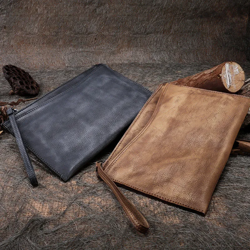 Handmade Womens Gray Leather Large Wristlet Wallet Slim Zip Clutch Purse Ladies Zipper Clutch Wallets for Women