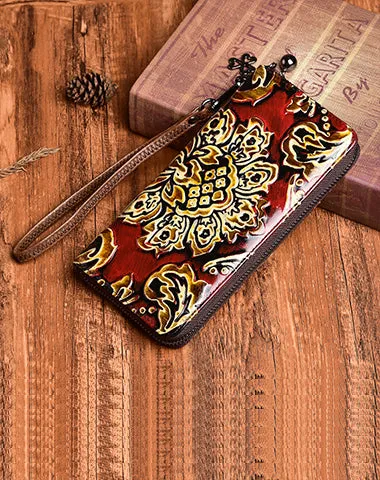 Handmade Womens Sunflower Green Leather Zip Around Wallet Wristlet Wallet Floral Ladies Zipper Clutch Wallet for Women