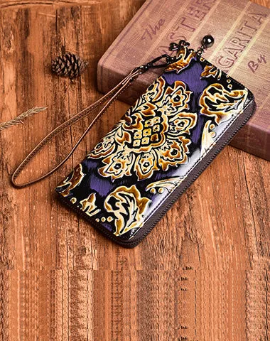 Handmade Womens Sunflower Green Leather Zip Around Wallet Wristlet Wallet Floral Ladies Zipper Clutch Wallet for Women