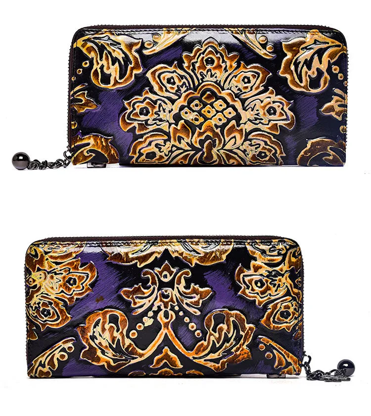 Handmade Womens Sunflower Green Leather Zip Around Wallet Wristlet Wallet Floral Ladies Zipper Clutch Wallet for Women