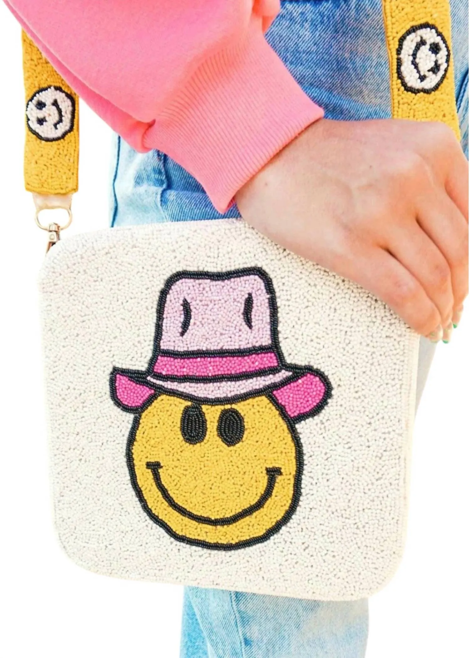 Happy Cowgirl Beaded Bag In White/yellow
