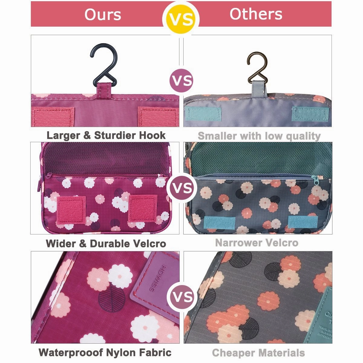 Heavy Duty Waterproof Hanging Toiletry Bag - Travel Cosmetic Makeup Organizer Bag for Women Girls Children Multifunction Travel Kit (Wine Red Daisy)