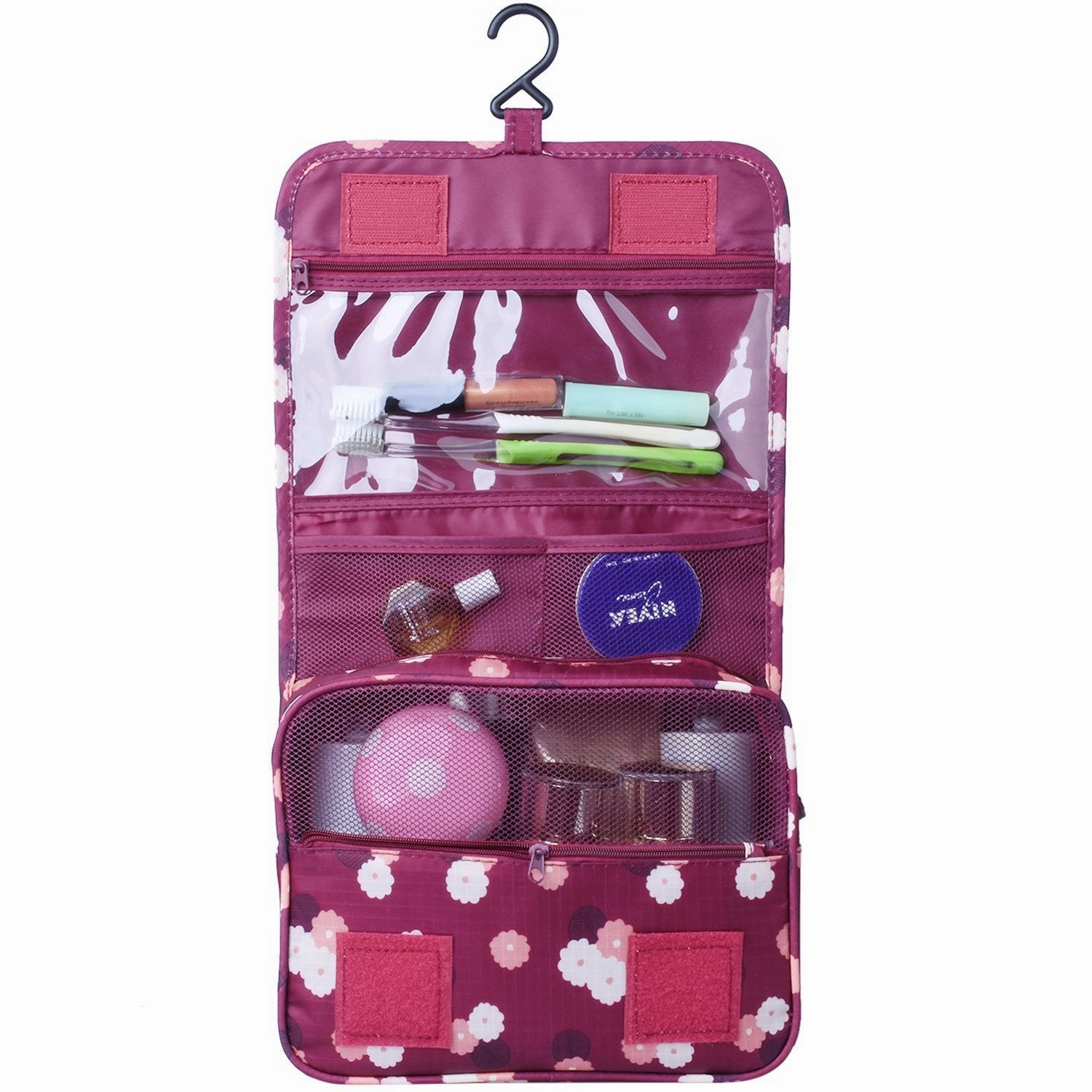 Heavy Duty Waterproof Hanging Toiletry Bag - Travel Cosmetic Makeup Organizer Bag for Women Girls Children Multifunction Travel Kit (Wine Red Daisy)