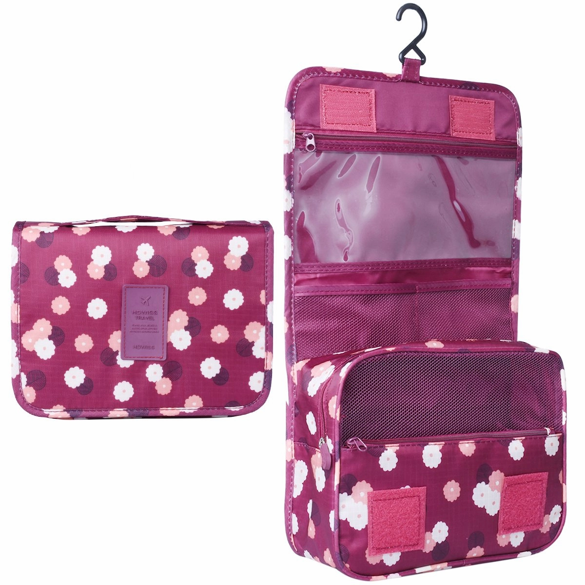 Heavy Duty Waterproof Hanging Toiletry Bag - Travel Cosmetic Makeup Organizer Bag for Women Girls Children Multifunction Travel Kit (Wine Red Daisy)