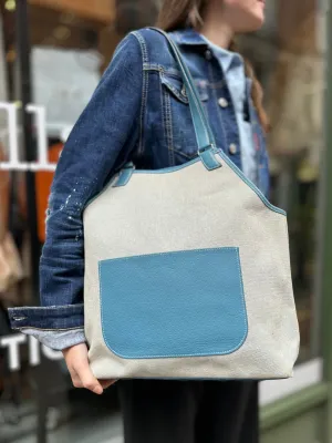 Herm??s Cream Canvas & Turquoise Leather Toile H Jardinier