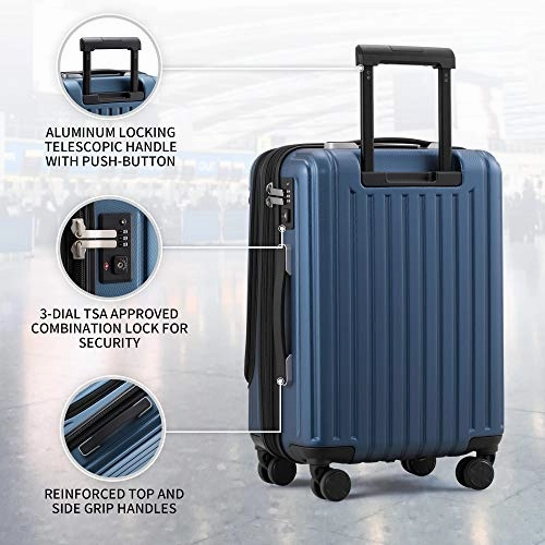 LEVEL8 Carry-On Luggage, Hardside Suitcase, 20 Lightweight ABS PC Hardshell Spinner Trolley for Luggage with Built-In TSA Lock, 8 Spinner Wheels, Blue, 20-Inch Carry-On
