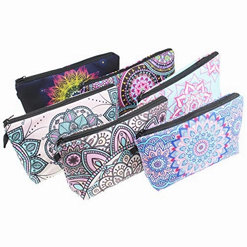 LJY 6 Pieces Makeup Toiletry Pouch Travel Cosmetic Bag with Zipper, Mandala Flowers Patterns, 6 Styles