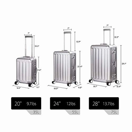 Multi-size All Aluminum Hard Shell Luggage Case Carry On Spinner Suitcase By TravelKing 20"-28" (Silver, 20")