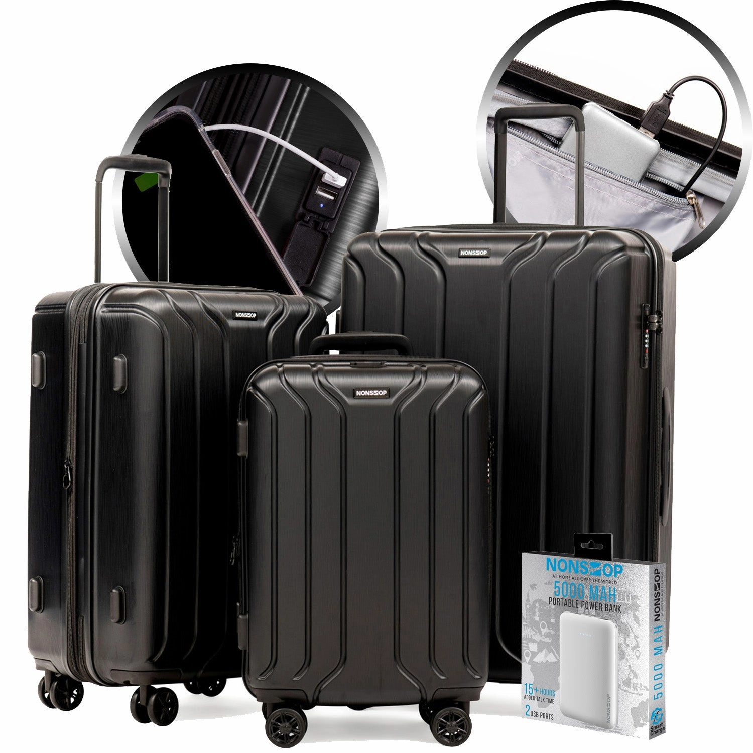 NONSTOP New York 3-Piece Expandable Spinner Luggage Set with Powerbank & 3-Piece Packing Cube Set