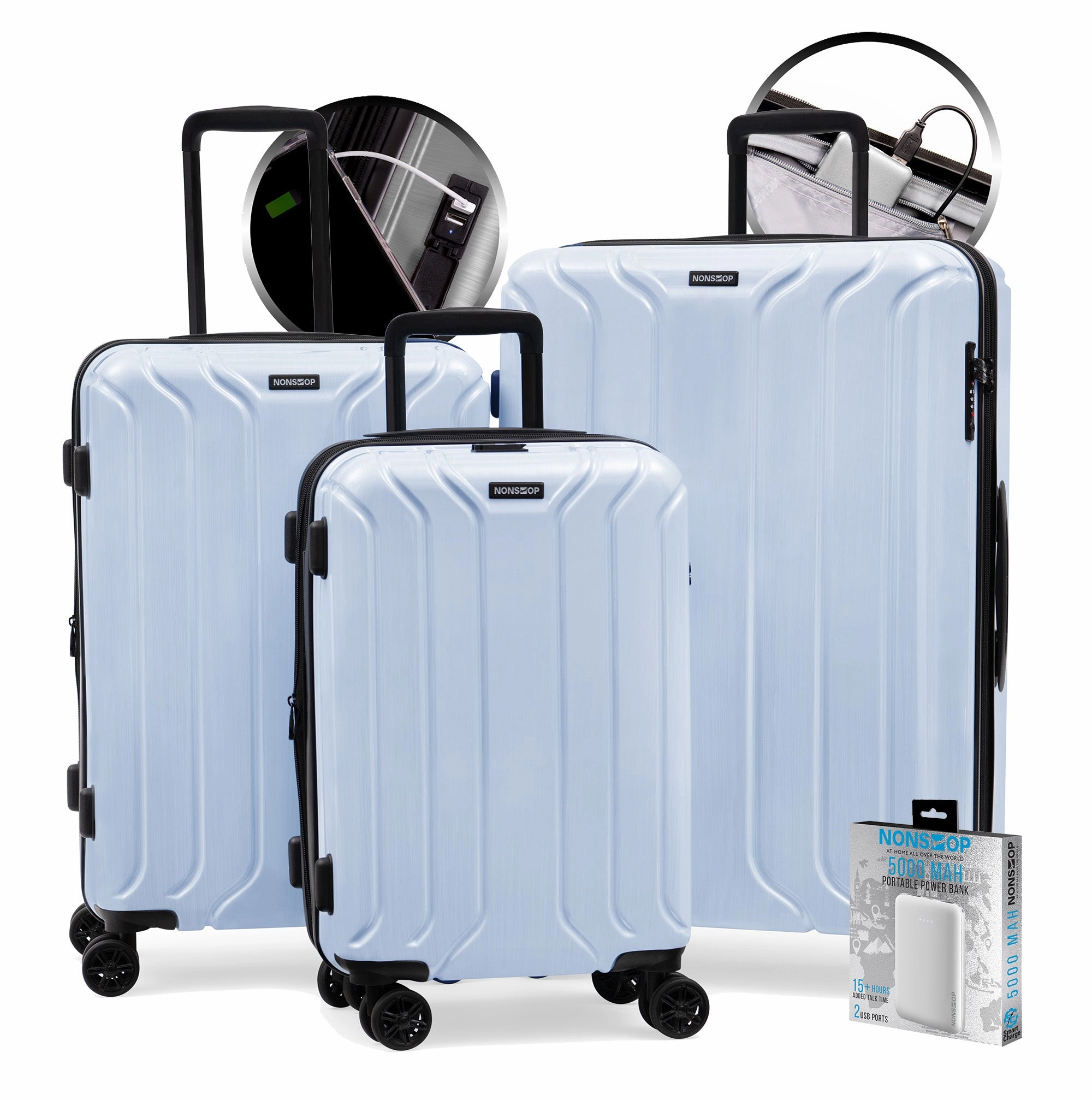 NONSTOP New York Elite 3-Piece Expandable Spinner Luggage Set with Powerbank & 3-Piece Packing Cube Set
