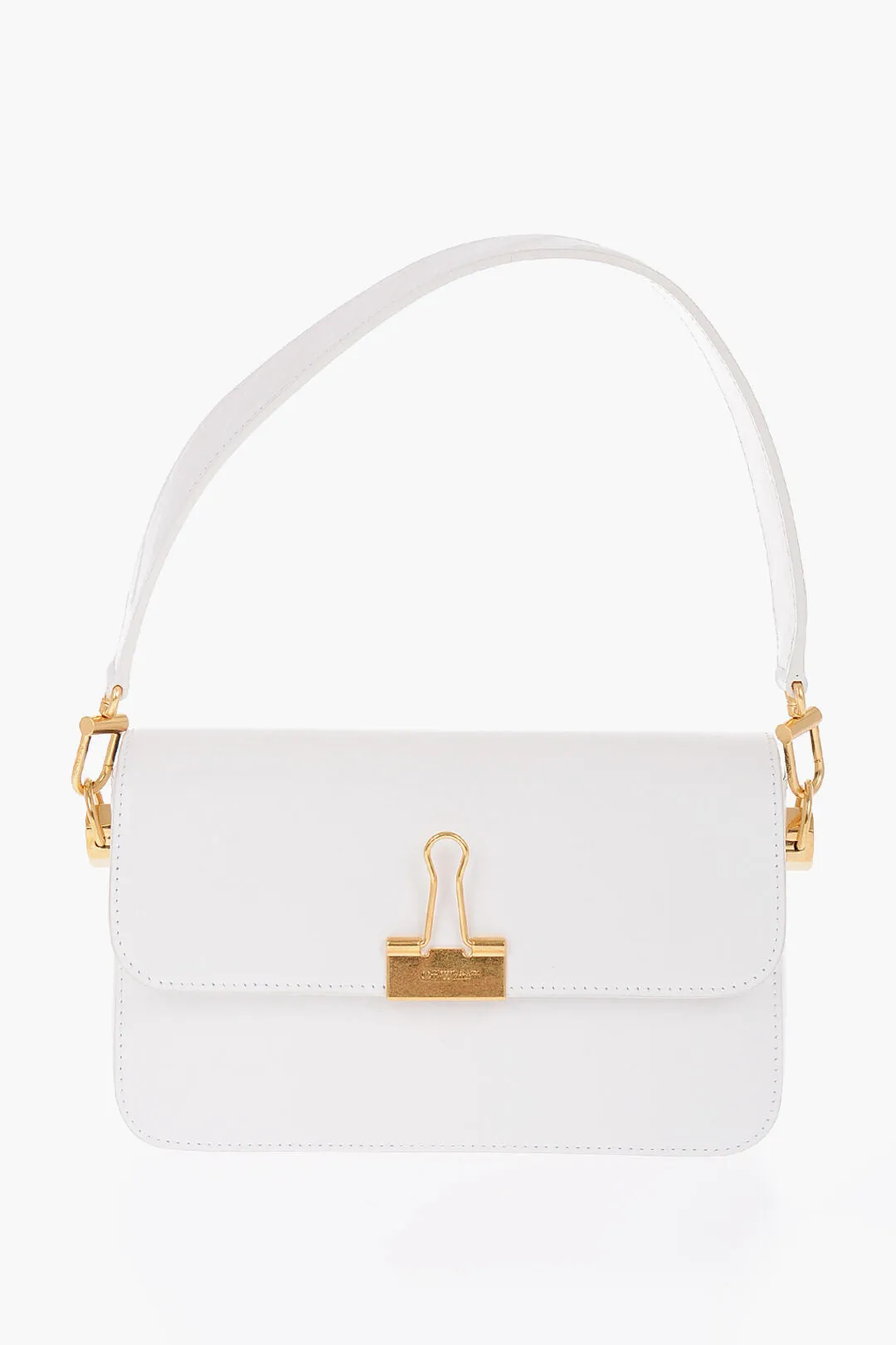 Off-White Leather Plain Binder Shoulder Bag With Golden Details