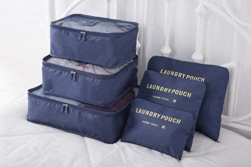 Packing Cubes 12 Pieces (2 Sets of 6 PCS)- JuneBugz Light Weight Travel Cubes, Luggage/Suitcase Organizer with Laundry Bags| Space Saver Travel Accessory for Carry-on/Back Packs (MellonRed/Navy)