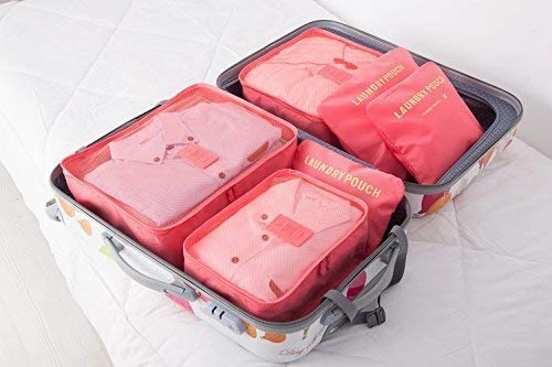 Packing Cubes 12 Pieces (2 Sets of 6 PCS)- JuneBugz Light Weight Travel Cubes, Luggage/Suitcase Organizer with Laundry Bags| Space Saver Travel Accessory for Carry-on/Back Packs (MellonRed/Navy)