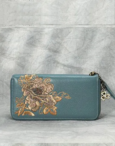 Peony Embroidery Gray Leather Peony Wristlet Wallet Womens Zip Around Wallets Flowers Peony Ladies Zipper Clutch Wallet for Women