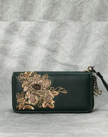 Peony Embroidery Gray Leather Peony Wristlet Wallet Womens Zip Around Wallets Flowers Peony Ladies Zipper Clutch Wallet for Women