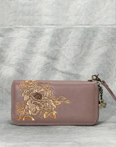 Peony Embroidery Gray Leather Peony Wristlet Wallet Womens Zip Around Wallets Flowers Peony Ladies Zipper Clutch Wallet for Women