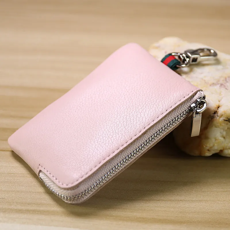 Slim Women Navy Leather Zip Wallet with Keychains Minimalist Coin Wallet Small Zip Change Wallet For Women