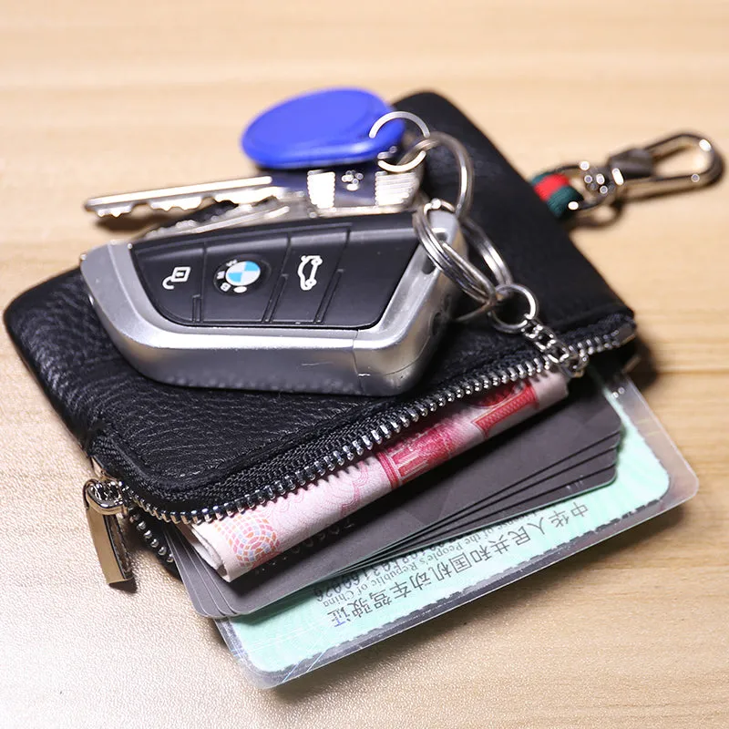 Slim Women Navy Leather Zip Wallet with Keychains Minimalist Coin Wallet Small Zip Change Wallet For Women