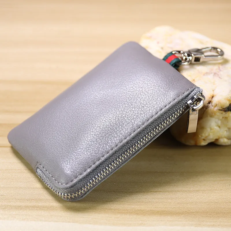 Slim Women Navy Leather Zip Wallet with Keychains Minimalist Coin Wallet Small Zip Change Wallet For Women