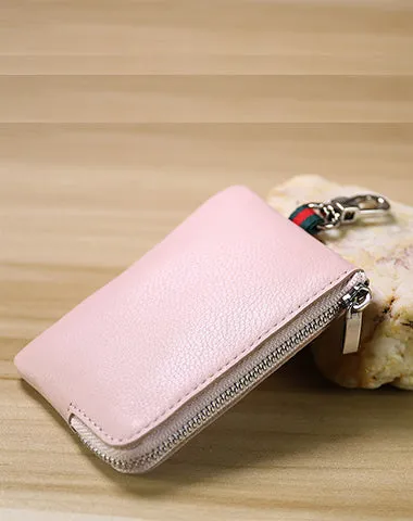 Slim Women Navy Leather Zip Wallet with Keychains Minimalist Coin Wallet Small Zip Change Wallet For Women