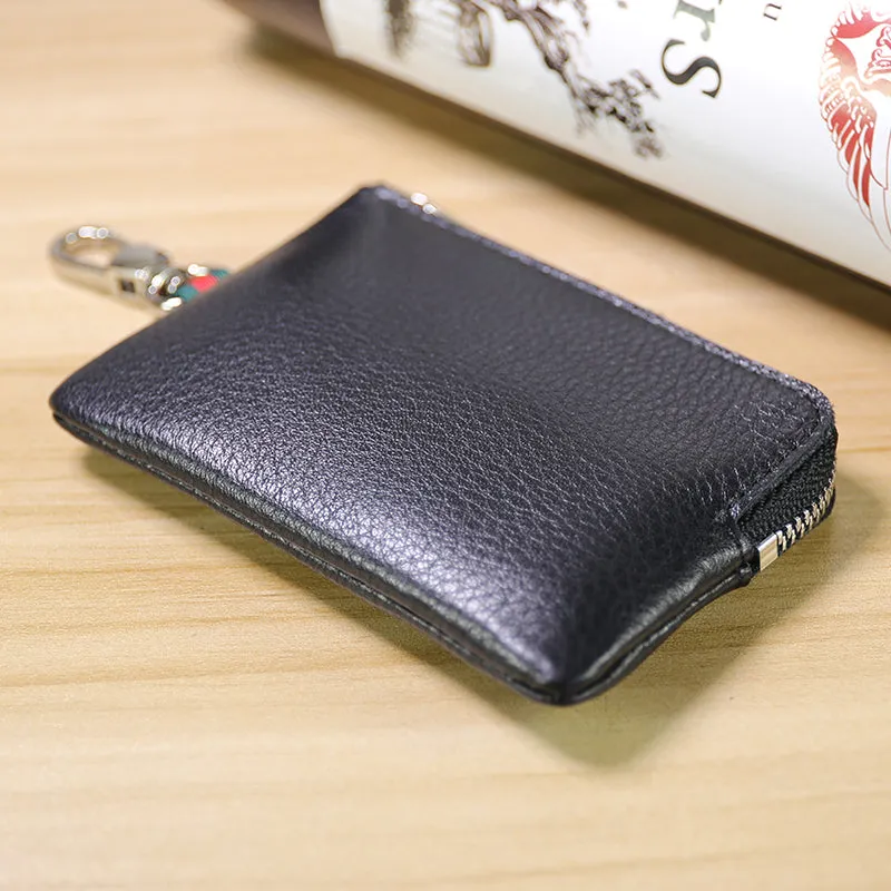 Slim Women Navy Leather Zip Wallet with Keychains Minimalist Coin Wallet Small Zip Change Wallet For Women