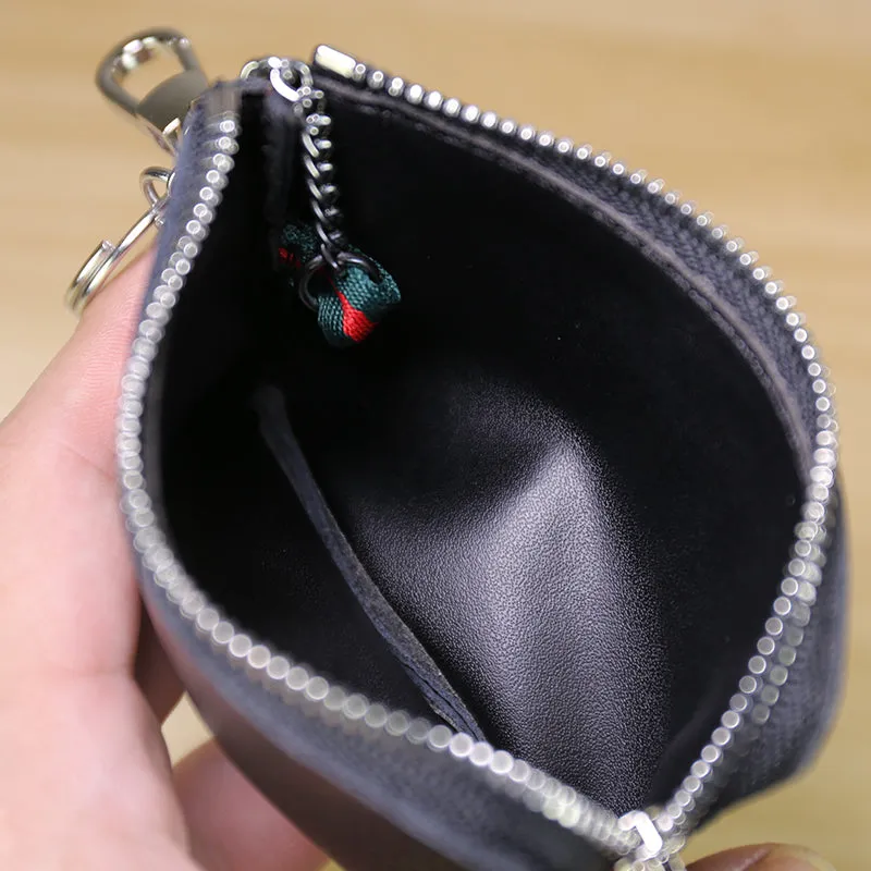 Slim Women Navy Leather Zip Wallet with Keychains Minimalist Coin Wallet Small Zip Change Wallet For Women