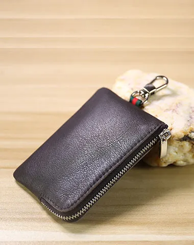 Slim Women Navy Leather Zip Wallet with Keychains Minimalist Coin Wallet Small Zip Change Wallet For Women