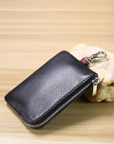 Slim Women Navy Leather Zip Wallet with Keychains Minimalist Coin Wallet Small Zip Change Wallet For Women