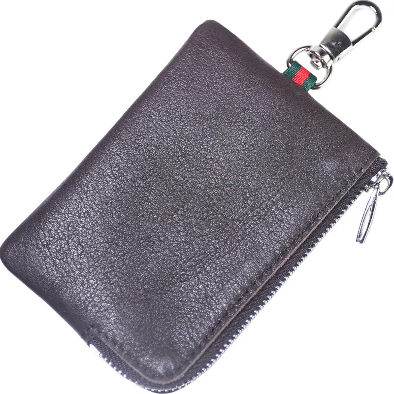 Slim Women Navy Leather Zip Wallet with Keychains Minimalist Coin Wallet Small Zip Change Wallet For Women