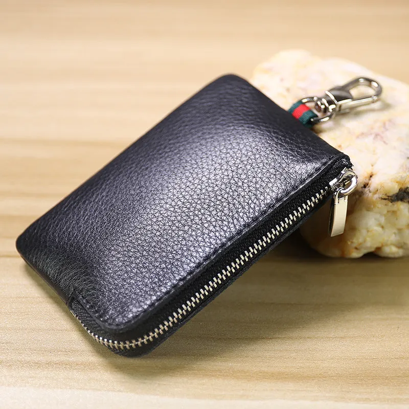 Slim Women Navy Leather Zip Wallet with Keychains Minimalist Coin Wallet Small Zip Change Wallet For Women