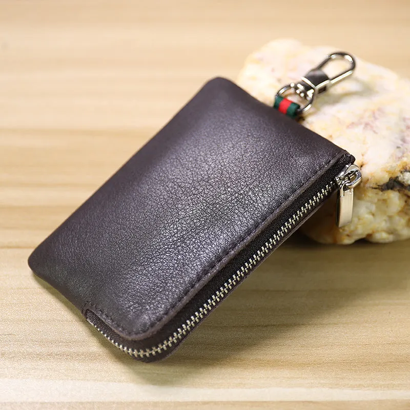 Slim Women Navy Leather Zip Wallet with Keychains Minimalist Coin Wallet Small Zip Change Wallet For Women