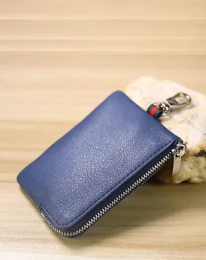 Slim Women Navy Leather Zip Wallet with Keychains Minimalist Coin Wallet Small Zip Change Wallet For Women