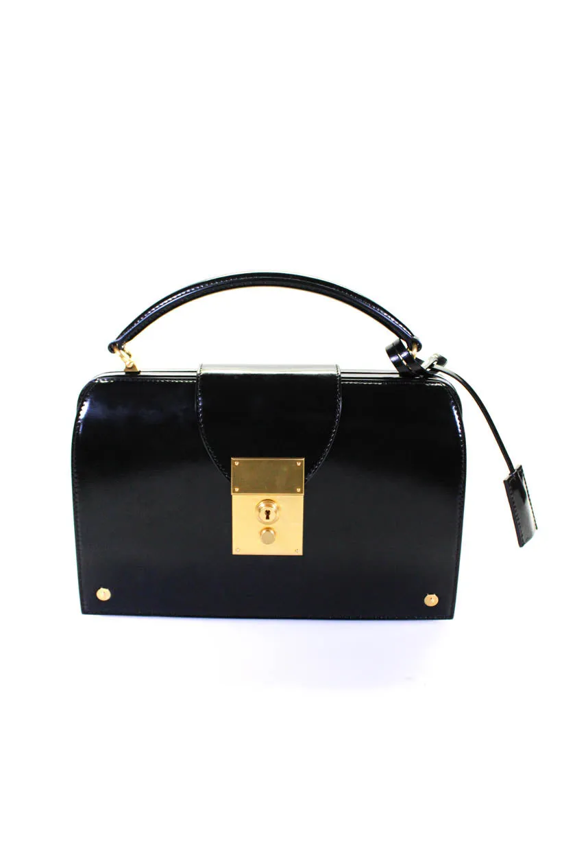 Thom Browne Womens Leather Flap Mrs Thom Gold Tone Top Handle Shoulder Handbag Black