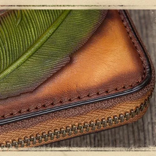 Tooled Womens Leather Clutch Wallet Zipper Wristlet Wallet Feather Bifold Long Purse for Ladies