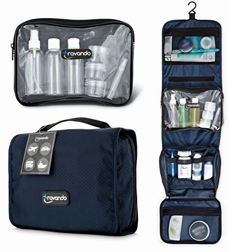 TRAVANDO Hanging Toiletry Bag"FLEXI"   7 TSA Approved Liquid Bottles - Travel Set for Men and Women - Toilet Kit for Cosmetics, Makeup - Organiser for Suitcase - Wash Bag with Containers