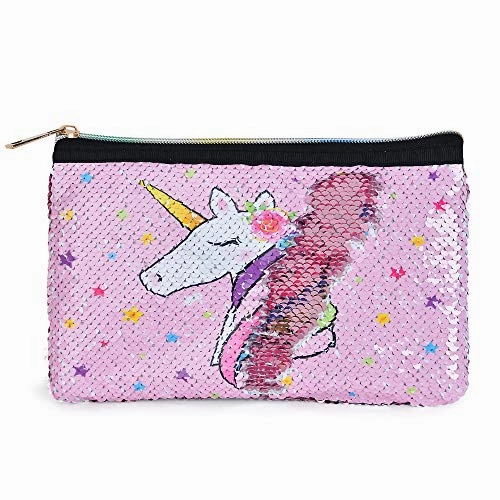 Unicorn Makeup Bag - Reversible Sequin Cosmetic Bag Sparkly Pink Zipper VanityToiletry Bag Pouch Purse for Girls Women Travel Birthday Christmas Gift