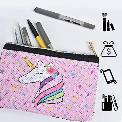Unicorn Makeup Bag - Reversible Sequin Cosmetic Bag Sparkly Pink Zipper VanityToiletry Bag Pouch Purse for Girls Women Travel Birthday Christmas Gift