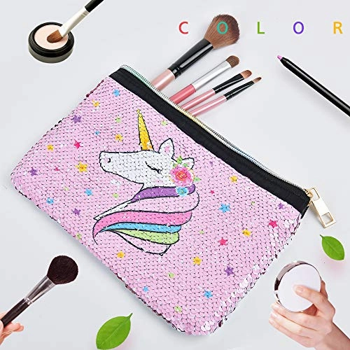 Unicorn Makeup Bag - Reversible Sequin Cosmetic Bag Sparkly Pink Zipper VanityToiletry Bag Pouch Purse for Girls Women Travel Birthday Christmas Gift