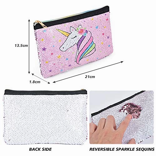 Unicorn Makeup Bag - Reversible Sequin Cosmetic Bag Sparkly Pink Zipper VanityToiletry Bag Pouch Purse for Girls Women Travel Birthday Christmas Gift