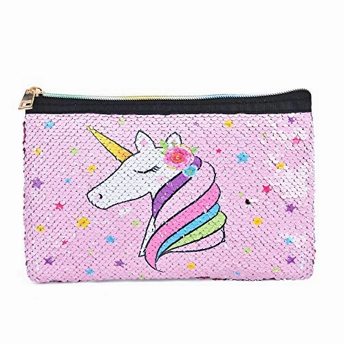 Unicorn Makeup Bag - Reversible Sequin Cosmetic Bag Sparkly Pink Zipper VanityToiletry Bag Pouch Purse for Girls Women Travel Birthday Christmas Gift
