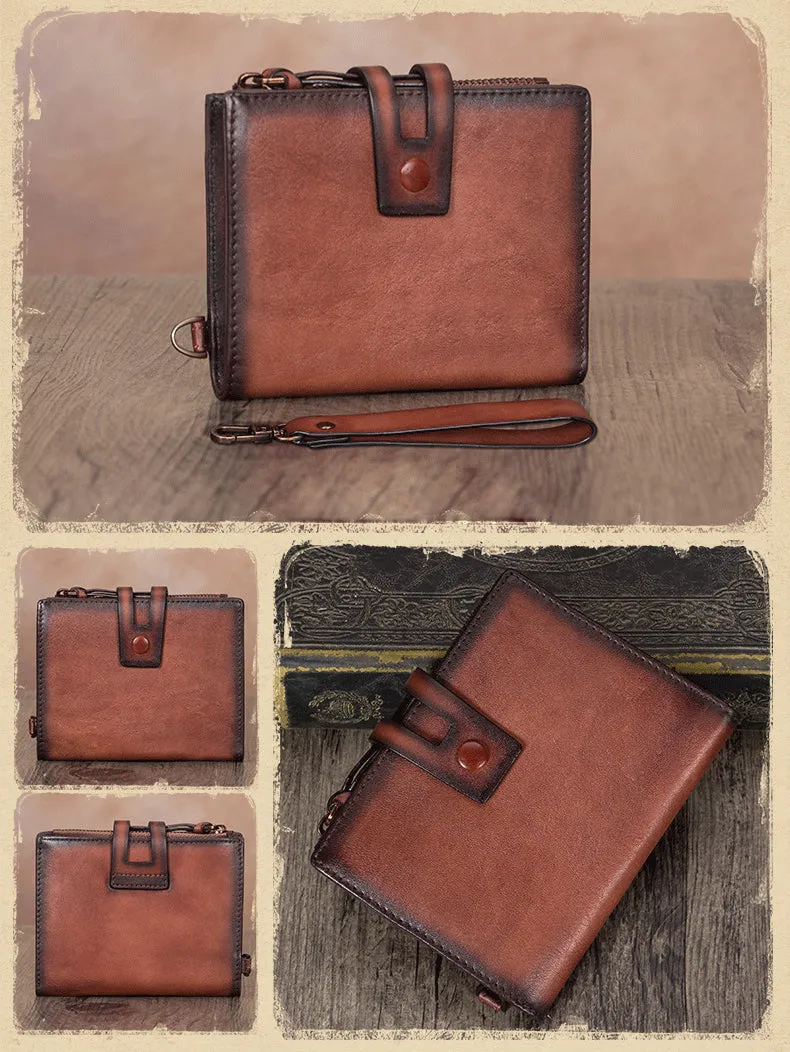 Vintage Gray Leather Small Wristlet Wallet Womens Billfold Wallet Bifold Small Wallet for Women