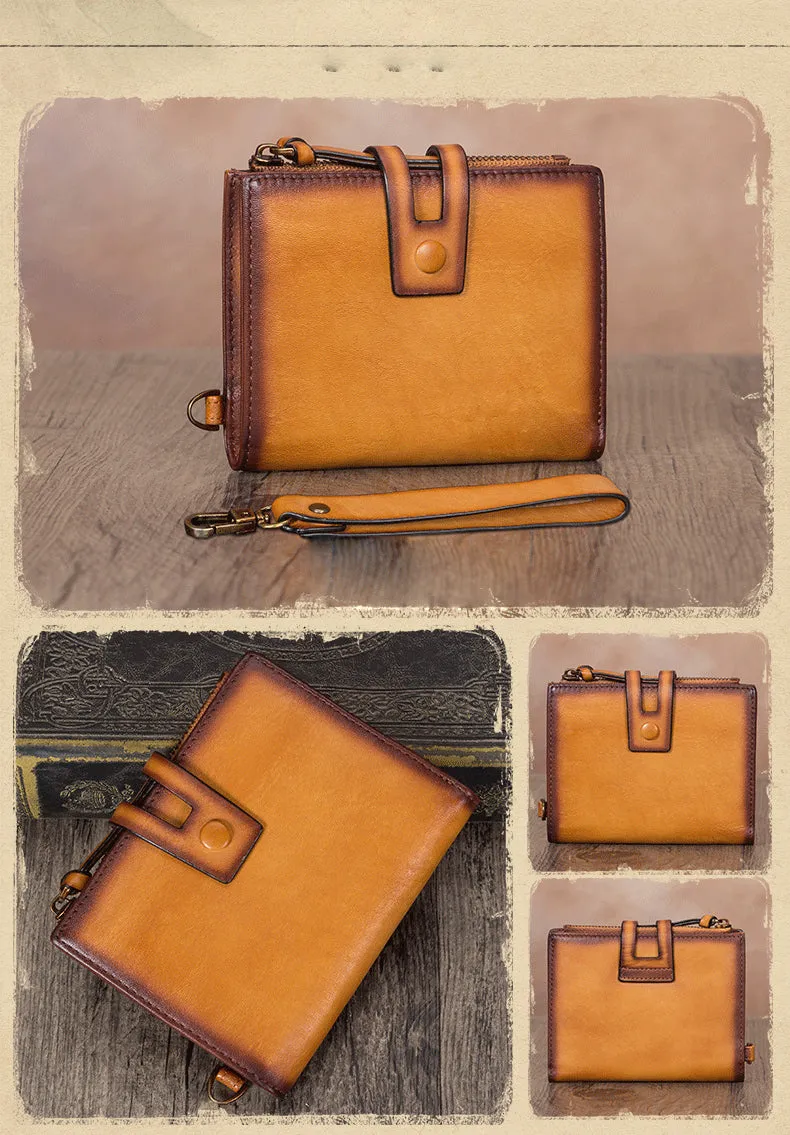 Vintage Gray Leather Small Wristlet Wallet Womens Billfold Wallet Bifold Small Wallet for Women