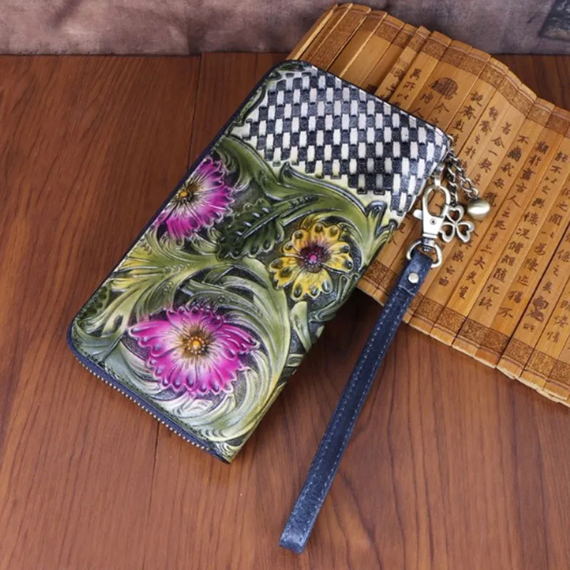 Vintage Handmade Flowers Floral Brown Leather Wristlet Wallet Womens Zip Around Wallets Flowers Ladies Zipper Clutch Wallet for Women